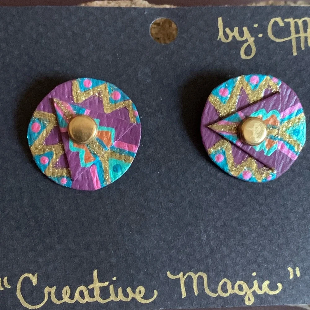 Creative Magic One of Kind Post Earrings Purple Blue Gold Sparkle Jewelry - Picture 4 of 7